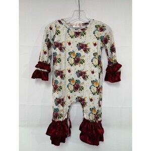 Clover Cottage Baby Boutique Ruffle Baby Romper Size 12-18mo Roses Maroon